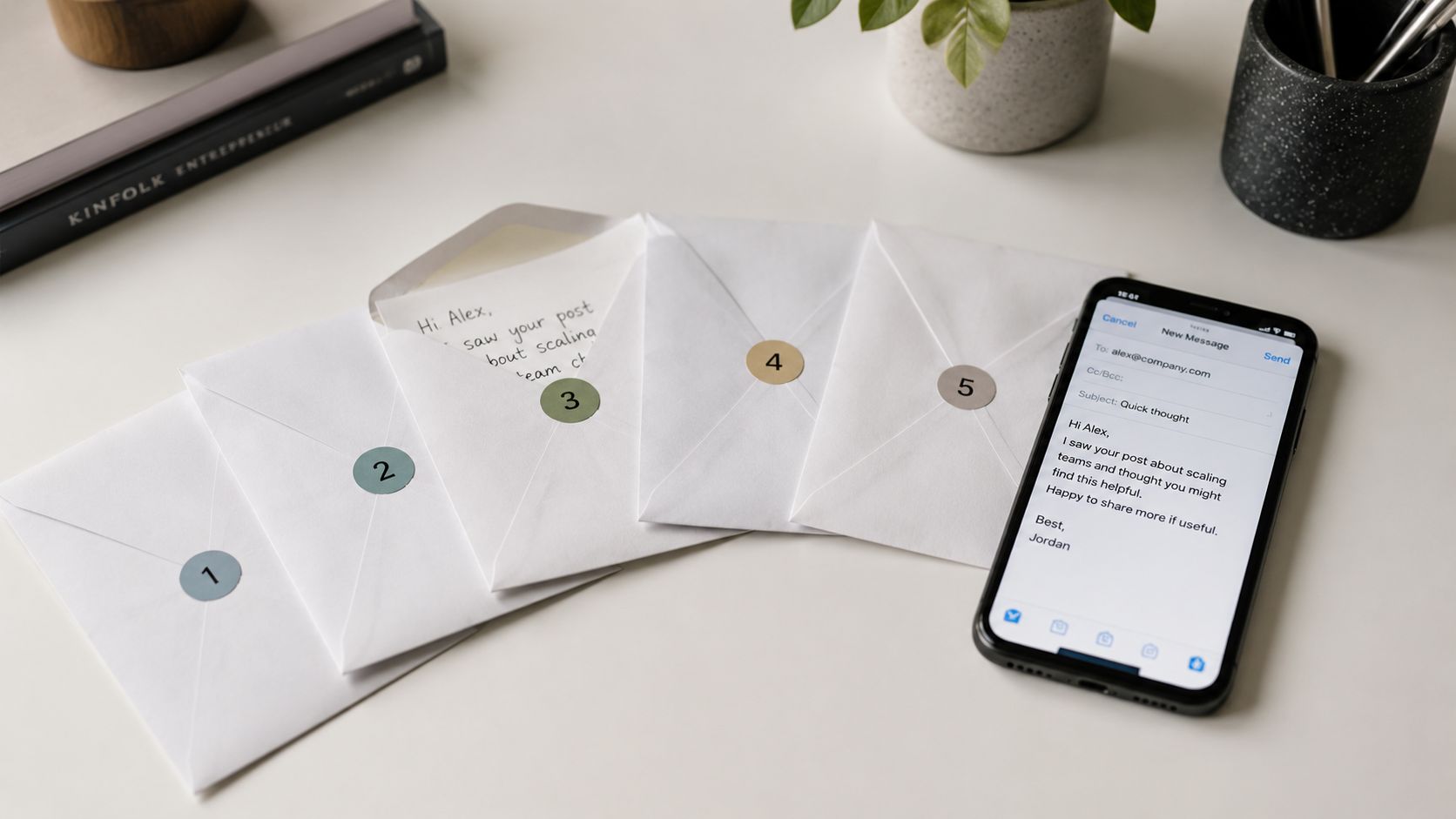 Envelopes numbered one through five alongside a smartphone displaying an email to Alex about team scaling.