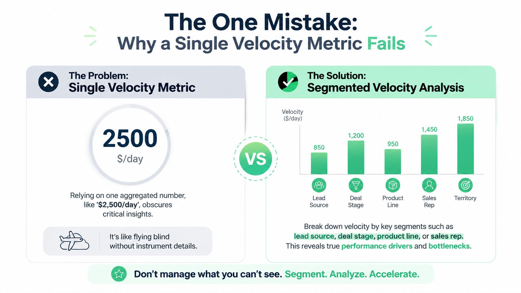 An infographic comparing a single aggregated sales velocity metric to a segmented velocity analysis for business insights.