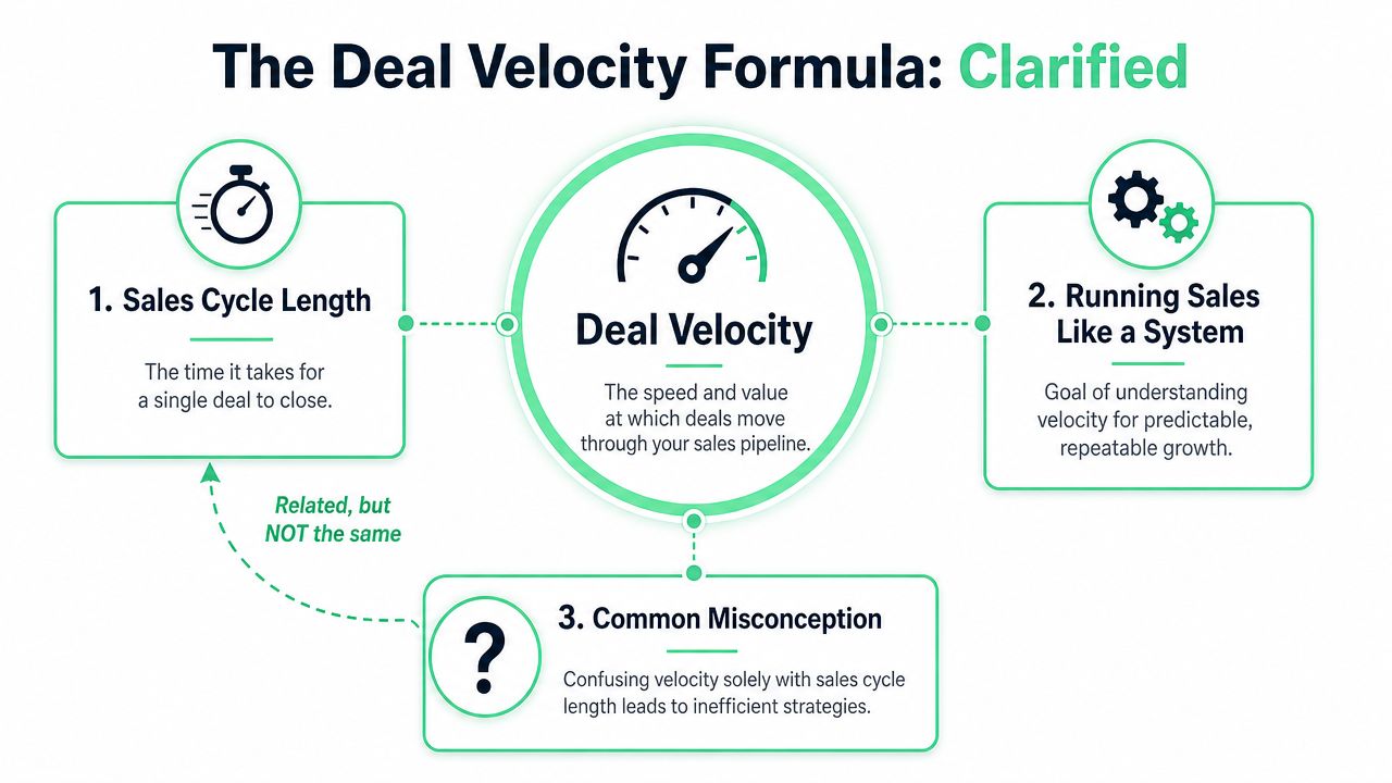 A diagram explaining deal velocity, including sales cycle length, systematic sales processes, and common misconceptions about metrics.