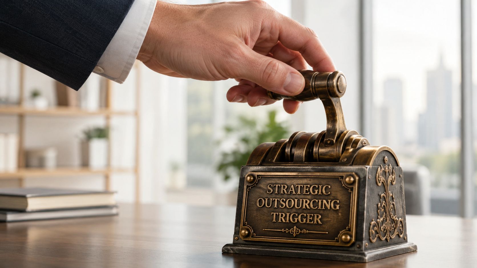 A professional hand pulling a decorative metal lever labeled Strategic Outsourcing Trigger on an office desk.