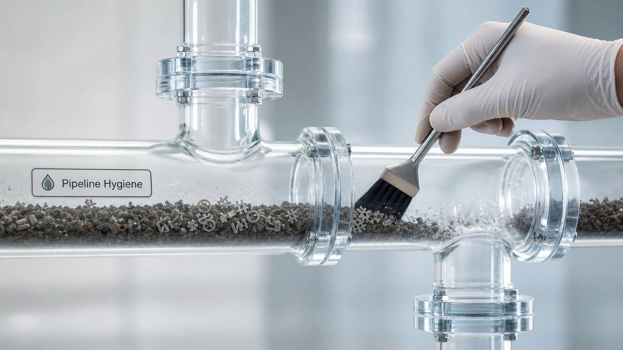A gloved hand uses a small brush to clean symbols from inside a transparent glass industrial pipeline.