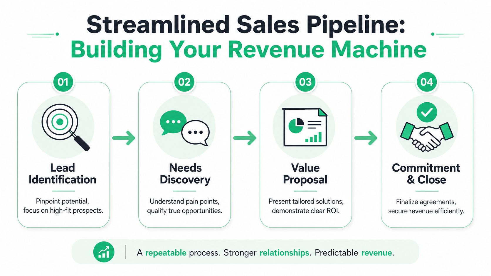 A four-step streamlined sales pipeline diagram illustrating the process from lead identification to closing deals.