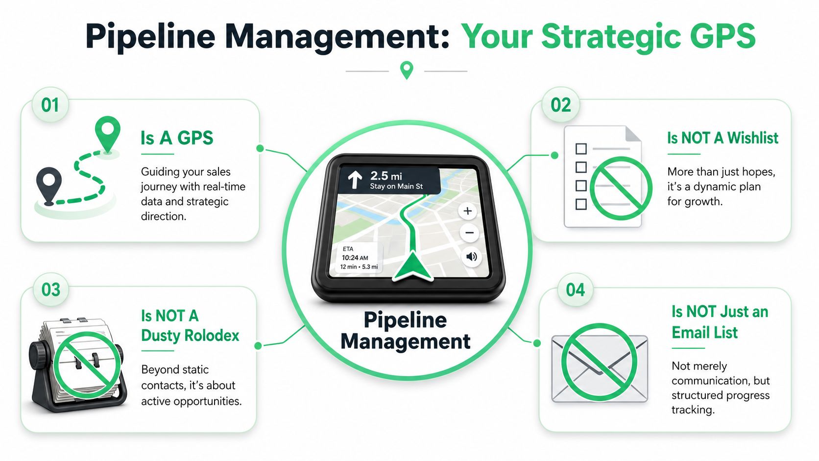 An infographic titled Pipeline Management Your Strategic GPS explaining what pipeline management is and is not.