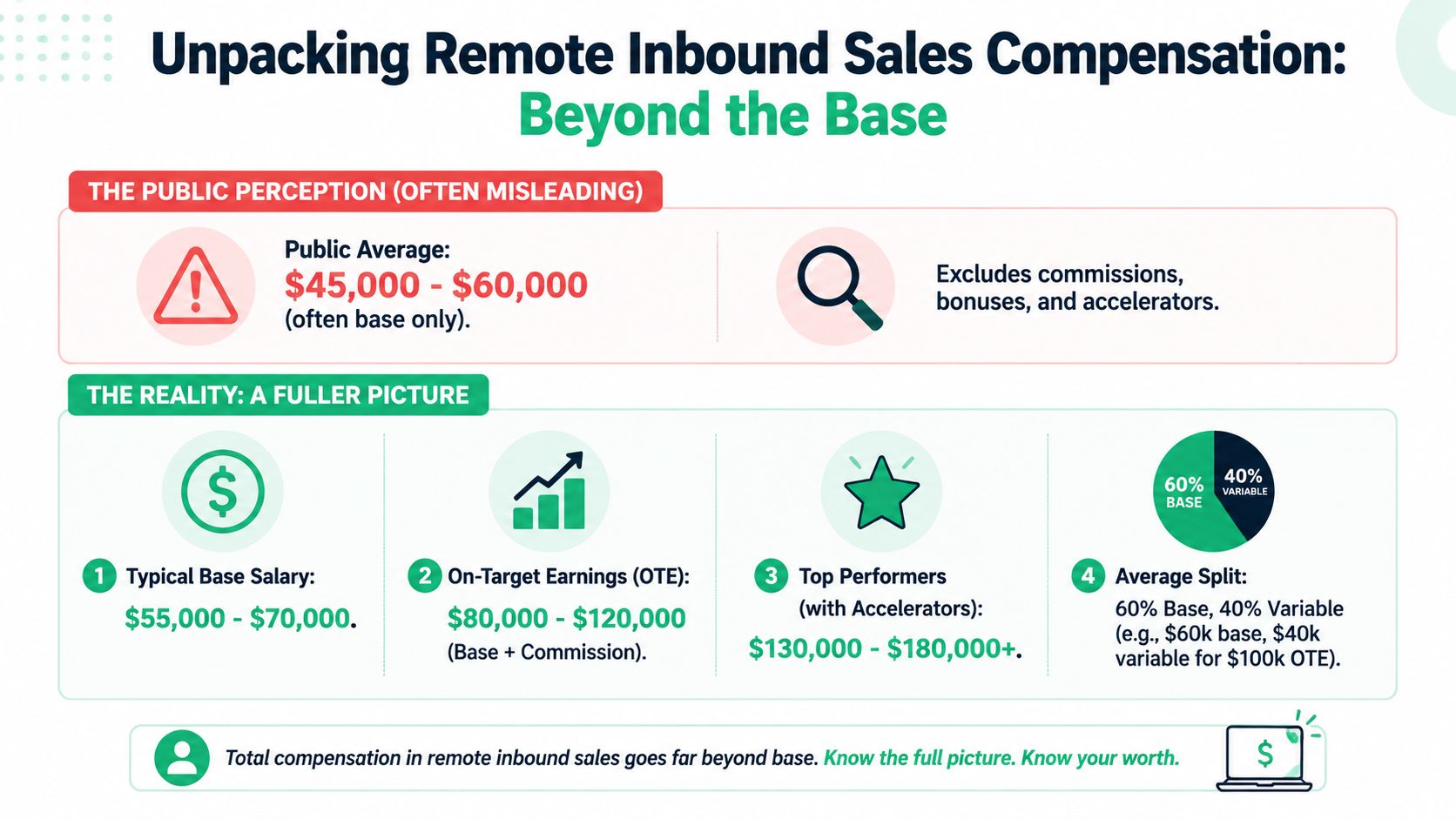 An infographic showing the breakdown of typical compensation for remote inbound sales roles beyond base salary.
