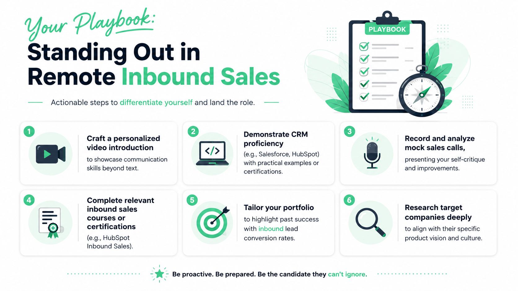 An infographic titled Your Playbook: Standing Out in Remote Inbound Sales, listing six actionable steps for job seekers.