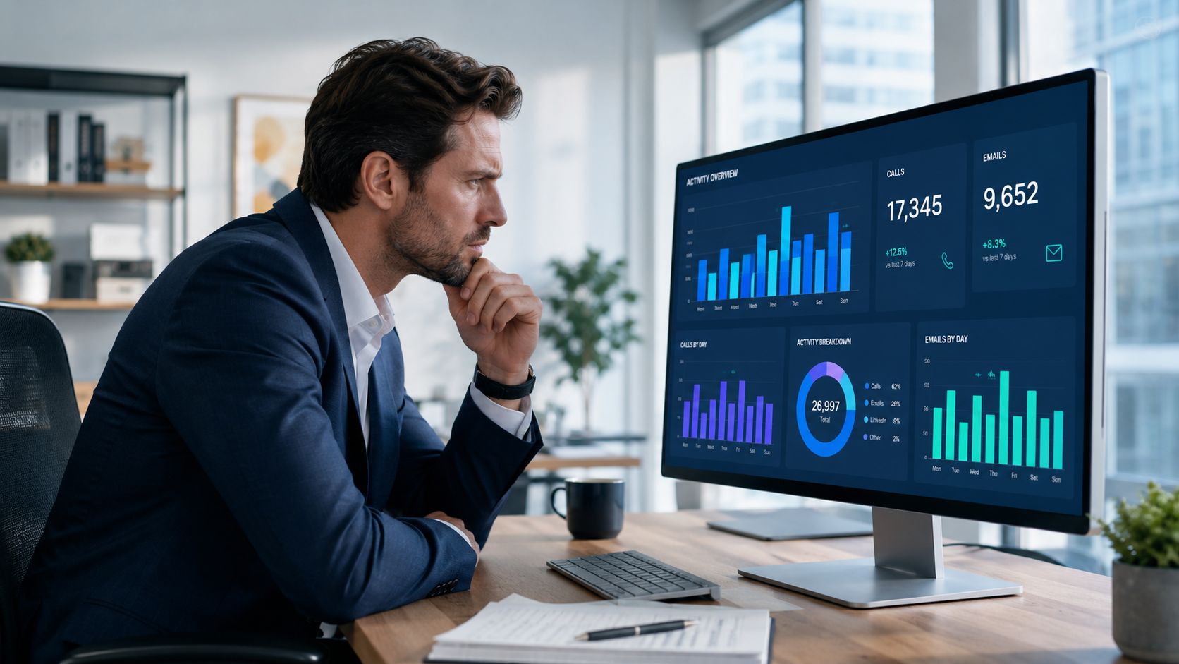 A professional man sitting at a wooden desk, analyzing sales data charts on his computer screen.