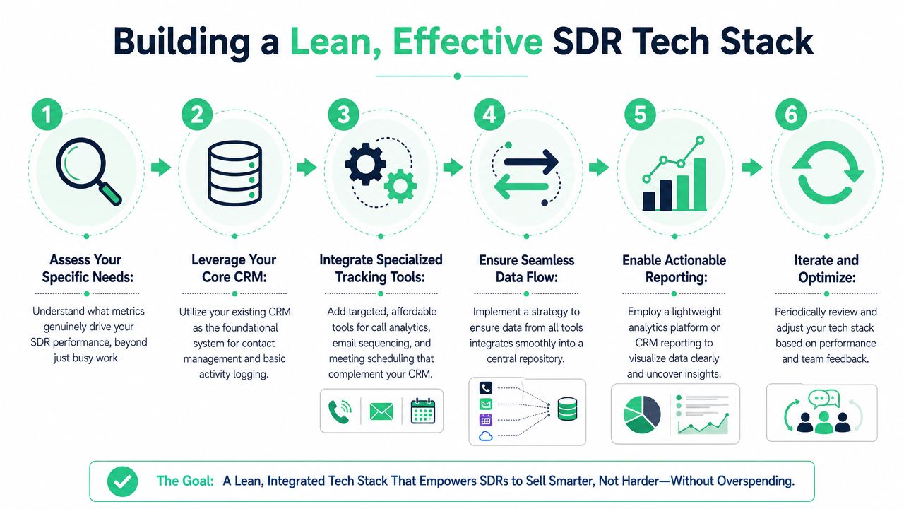 A six-step infographic guide on building a lean and effective sales development representative tech stack.