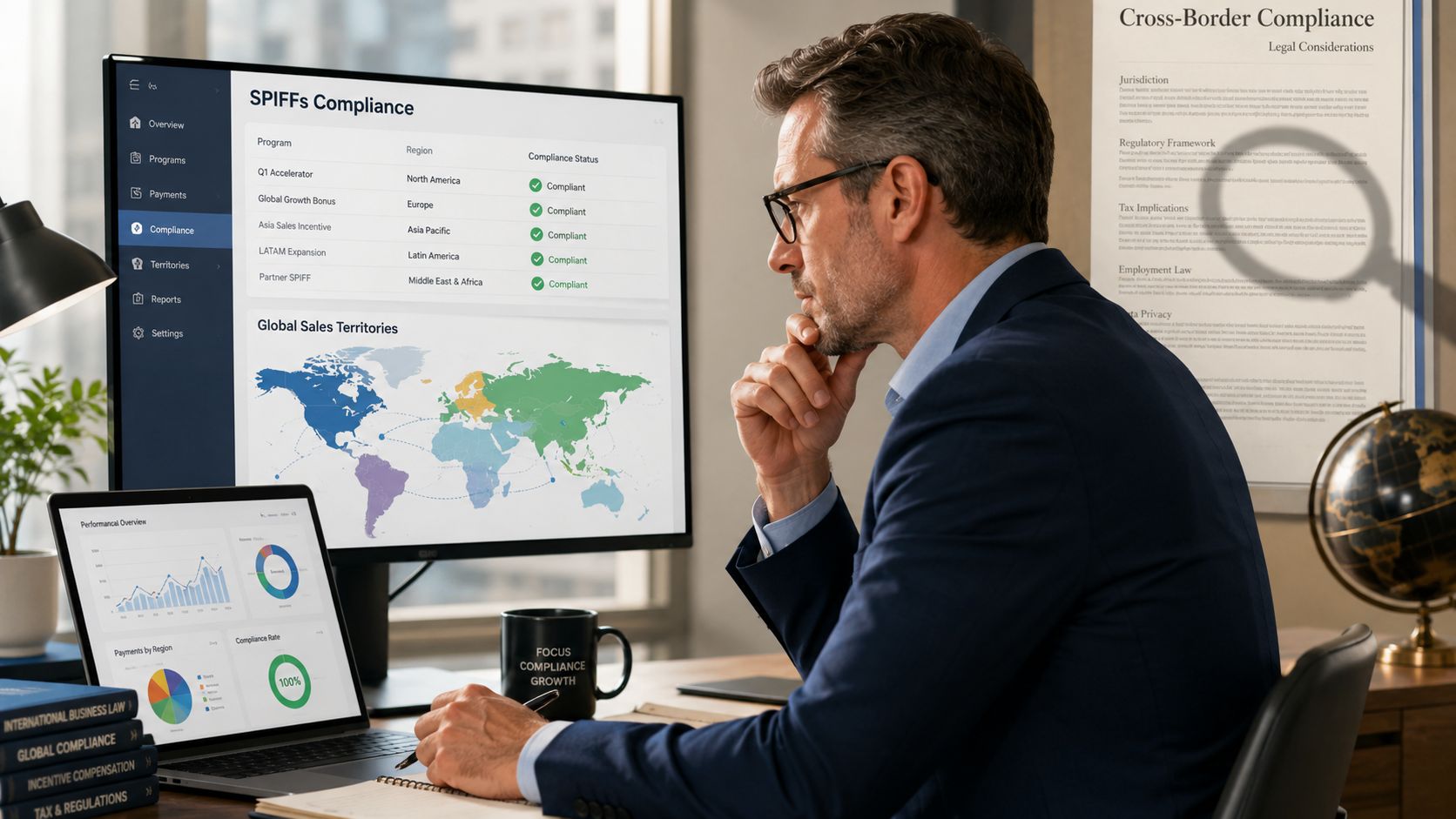 A professional analyzing cross-border sales compensation compliance data on a digital dashboard in a modern office.