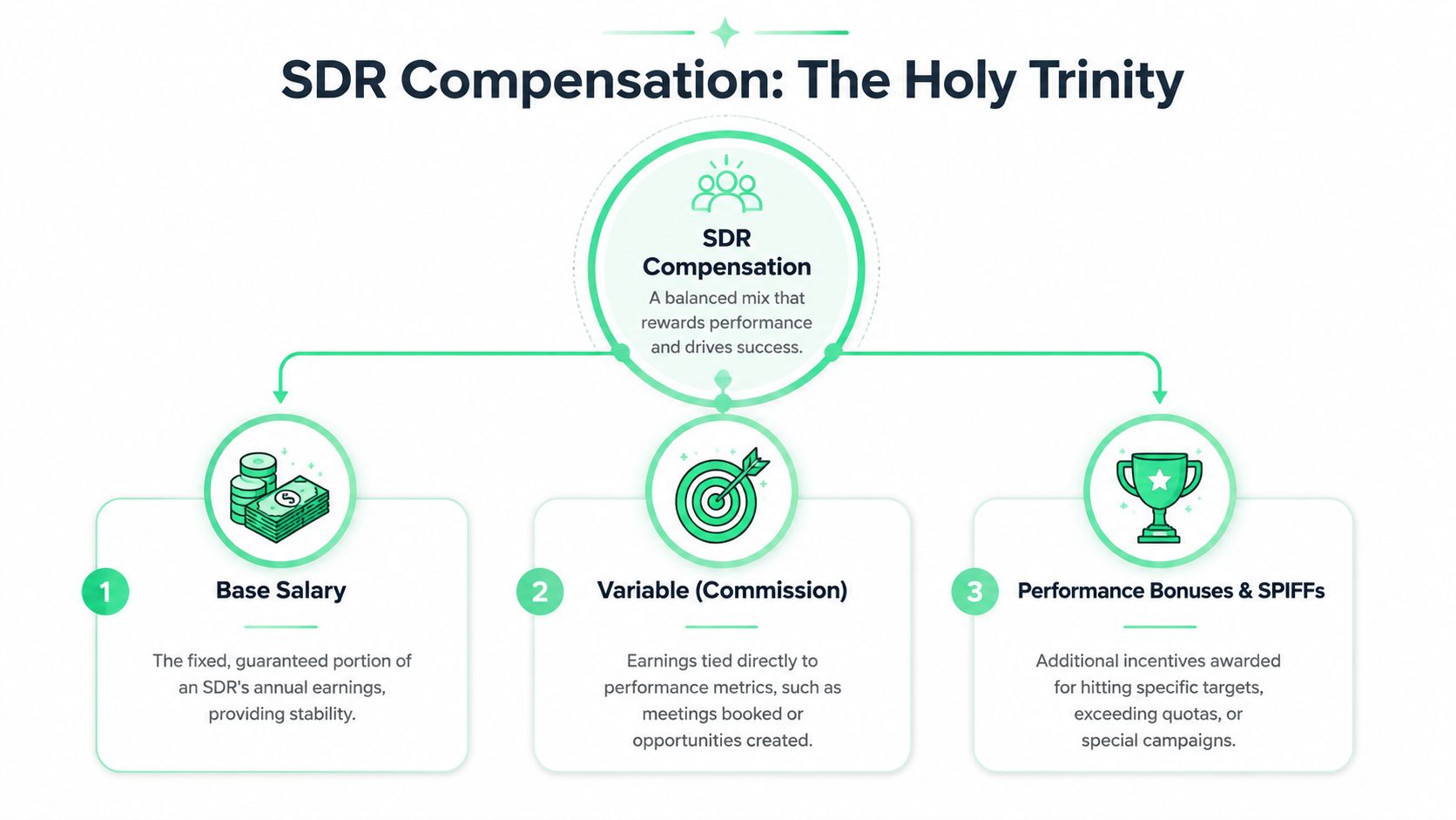 A diagram outlining the three components of SDR compensation: base salary, variable commission, and performance bonuses.