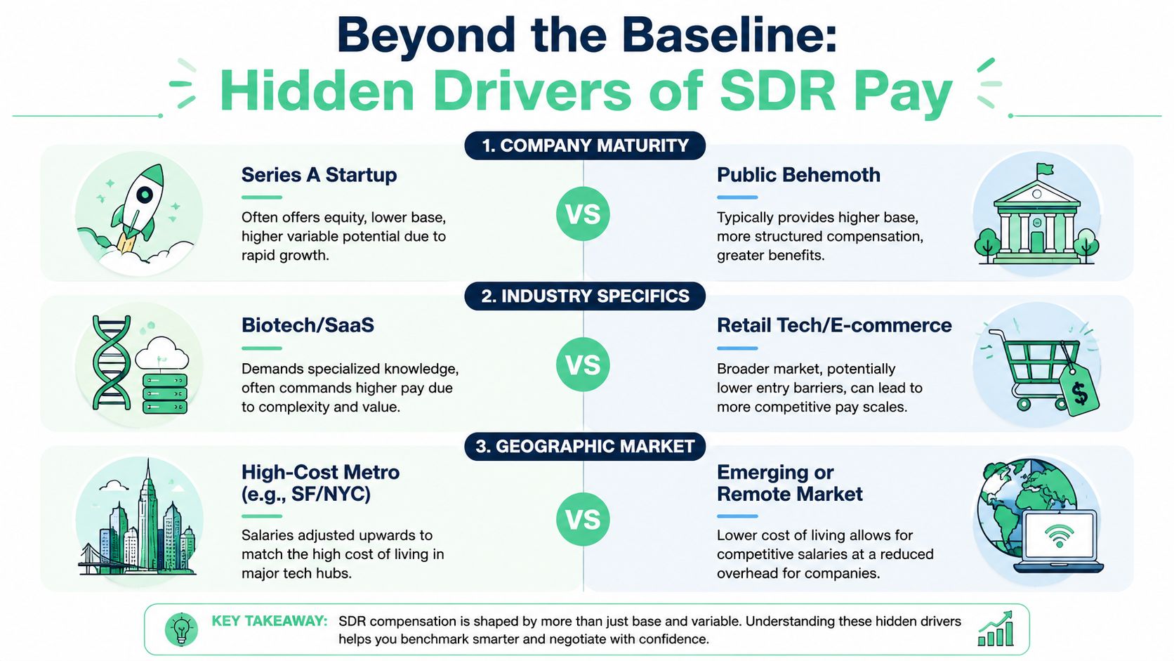 An infographic illustrating three key factors influencing Sales Development Representative compensation, including company maturity, industry, and location.